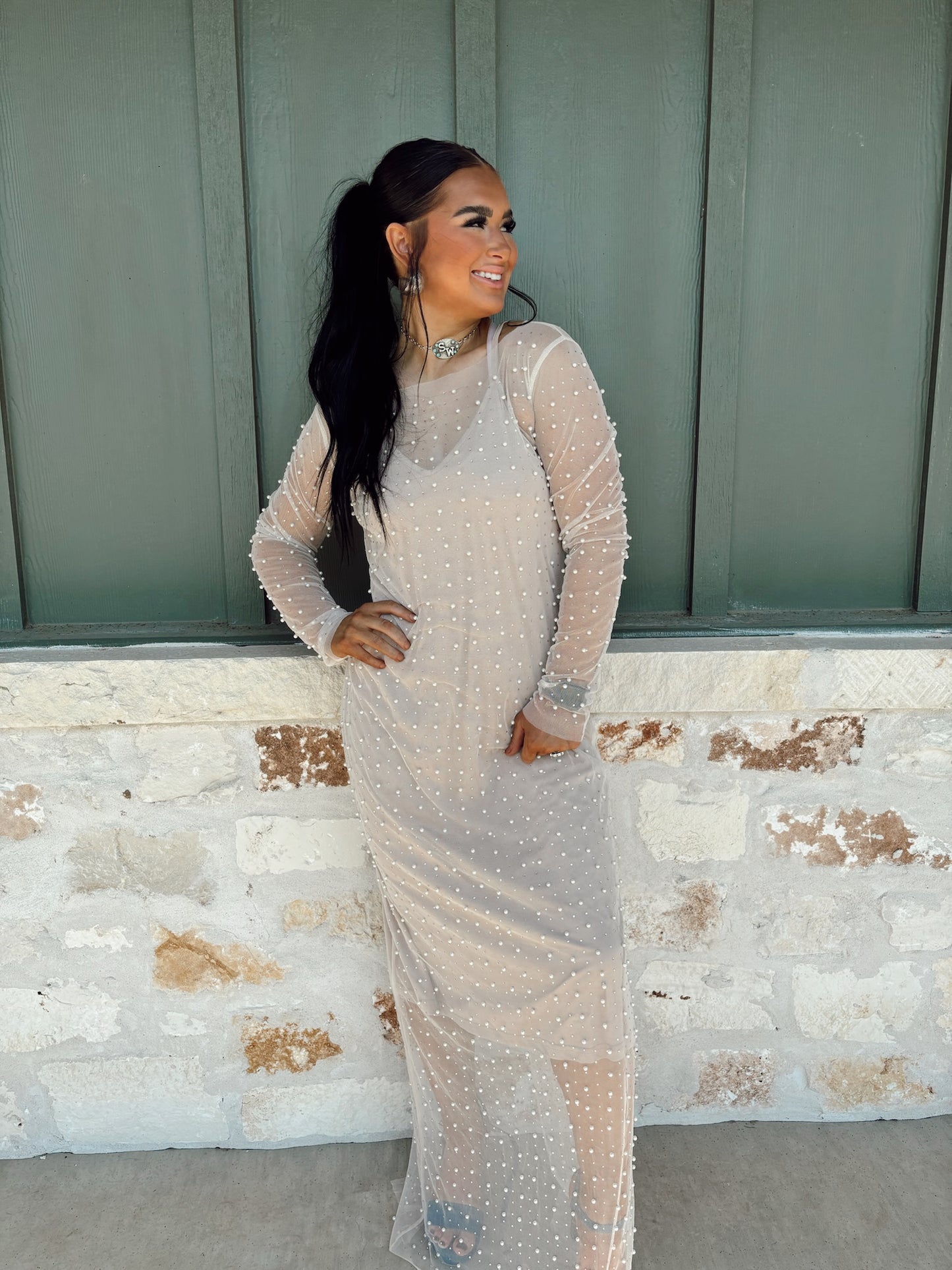 Pearl Embellished Mesh Dress