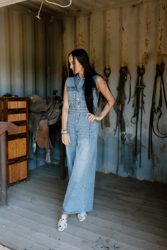 The Geraldine Wide Leg Denim Jumpsuit