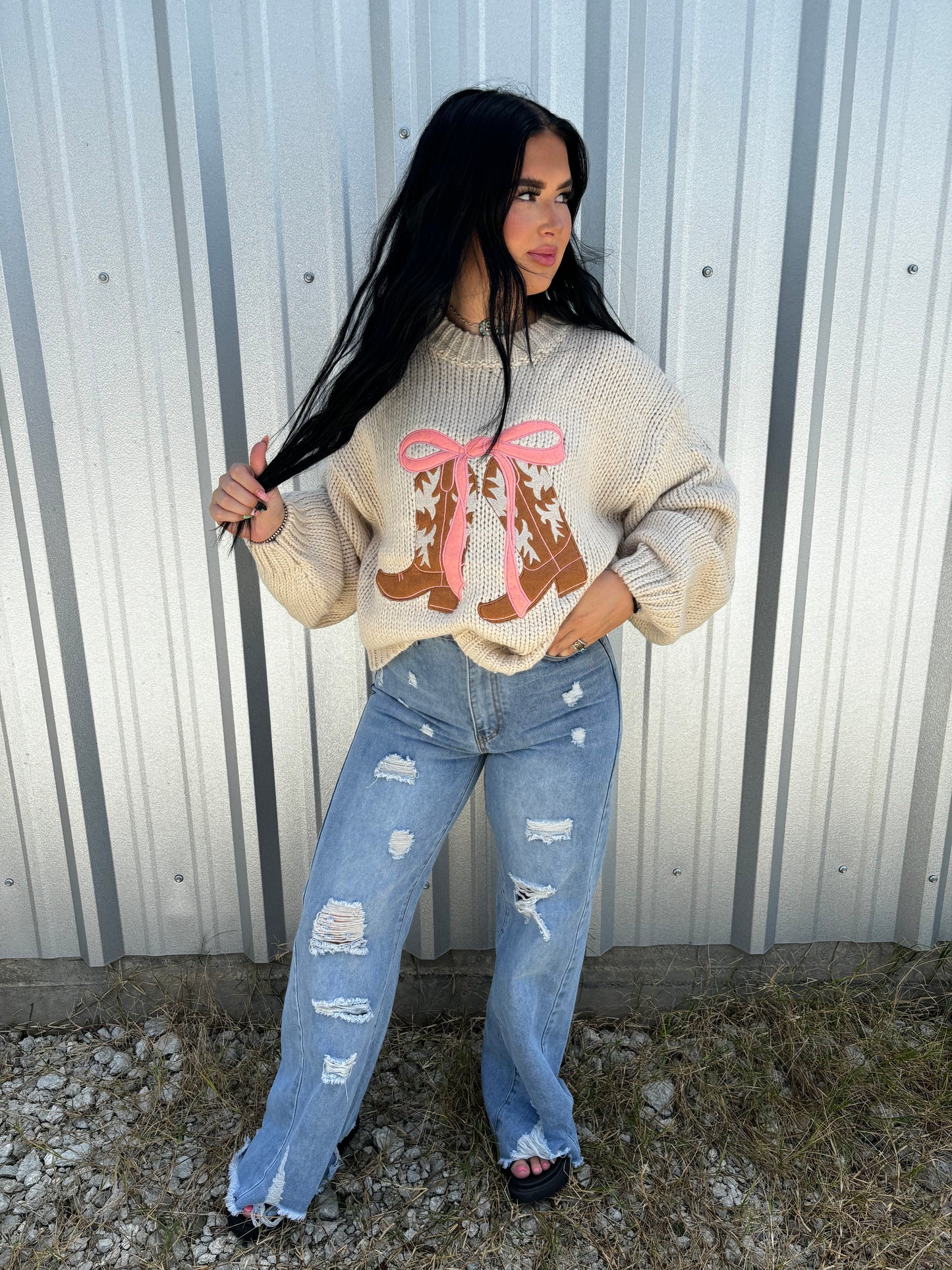 Girly Bow Western Sweater in taupe